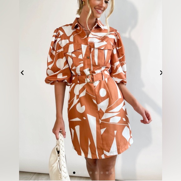 NWT Passion Fusion Tan Geometric Print Midi Shirt Dress w/ Puff Sleeves - Size 8 - Picture 1 of 7